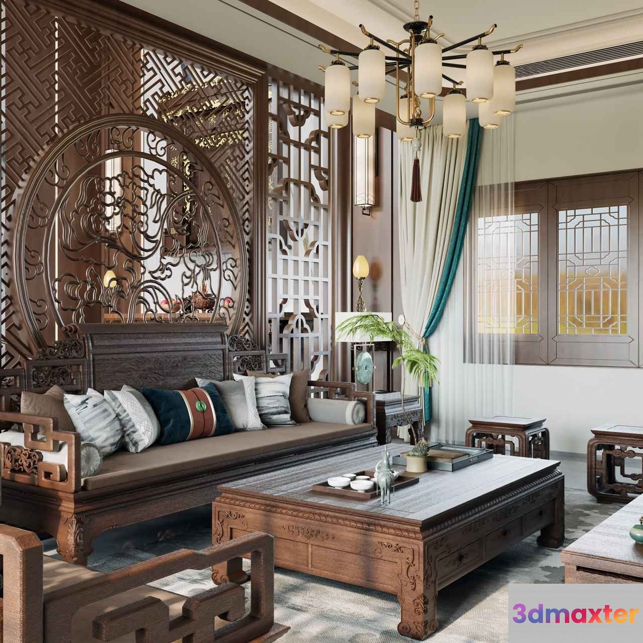 Traditional Asian-Inspired Living Room 3D Model - 9513 - VRAY Render