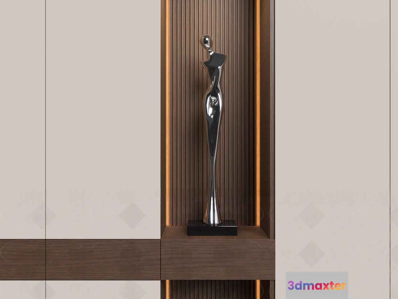 A Silver Figurine On A Wooden Shelf 3D Model - 8035 - VRAY Render