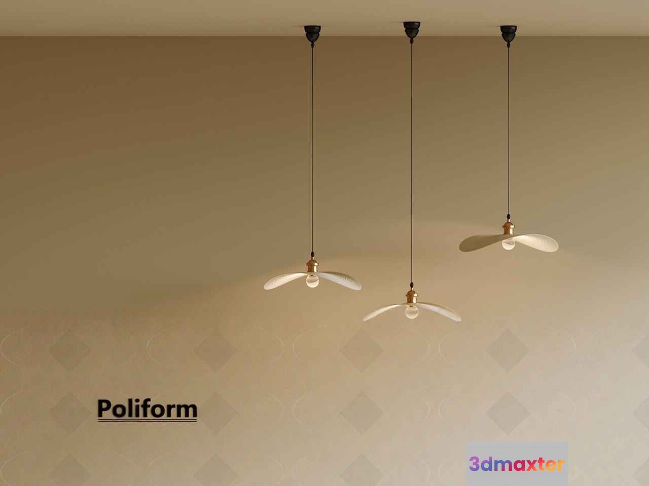 A Beige Wall With Three Ceiling Fans 3D Model - 23392 - VRAY Render