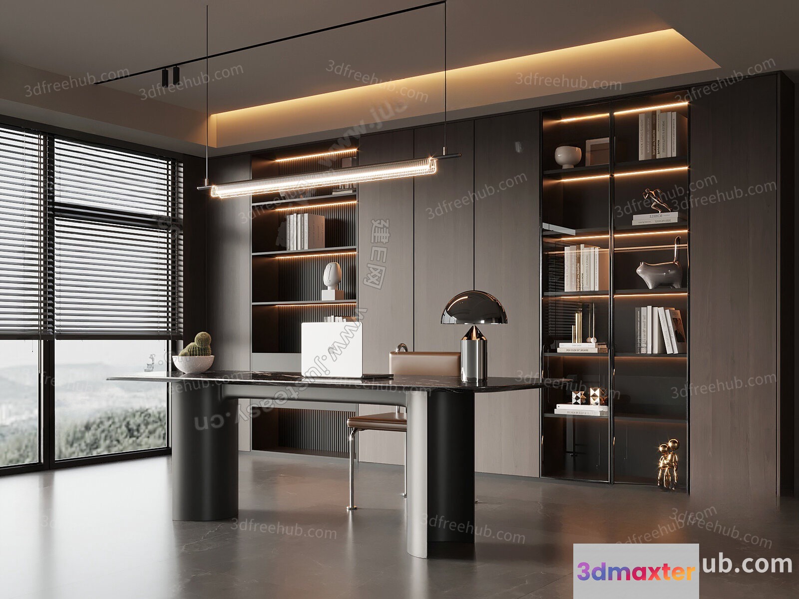 A Modern Home Office With A Large Desk 3D Model - 18679 - VRAY Render