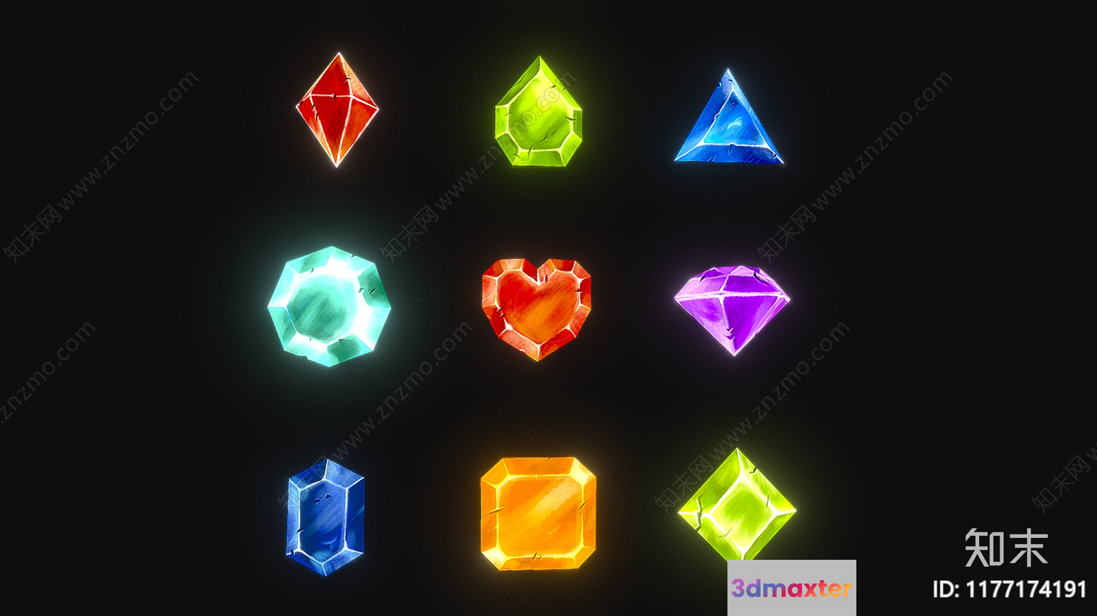 A Collection Of 12 Colored Gems 3D Model - 17419 - VRAY Render