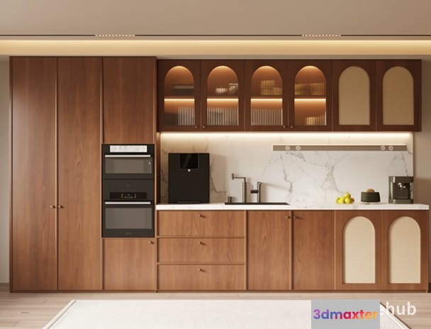 Kitchen With Wooden Cabinets 3D Model - 22213 - VRAY Render