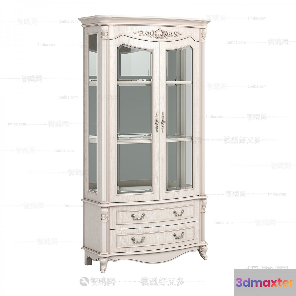 A White Cabinet With Drawers And Glass Doors 3D Model - 6072 - VRAY Render