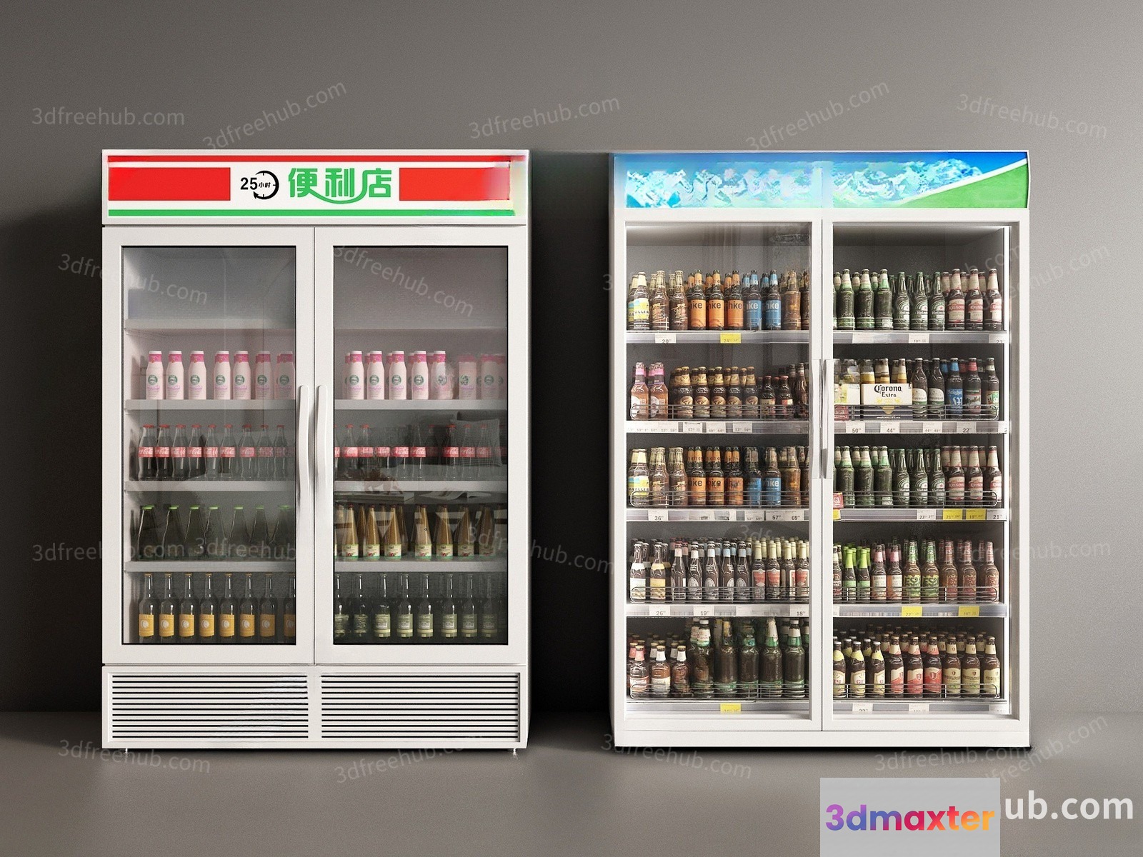 Two Refrigerators With Various Beverages Inside 3D Model - 22577 - VRAY Render