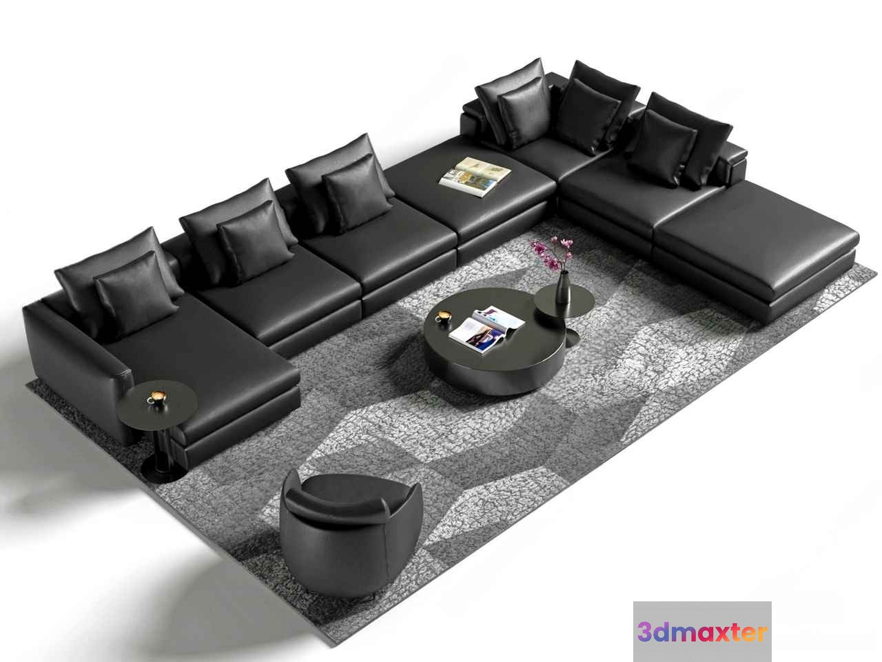 Modern Black Leather Sectional Sofa 3D Model - 5916 - CORONA Render
