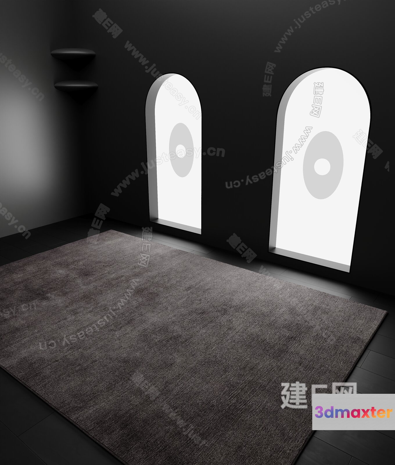 A Room With A Gray Rug And Two Arched Windows 3D Model - 398 - VRAY Render
