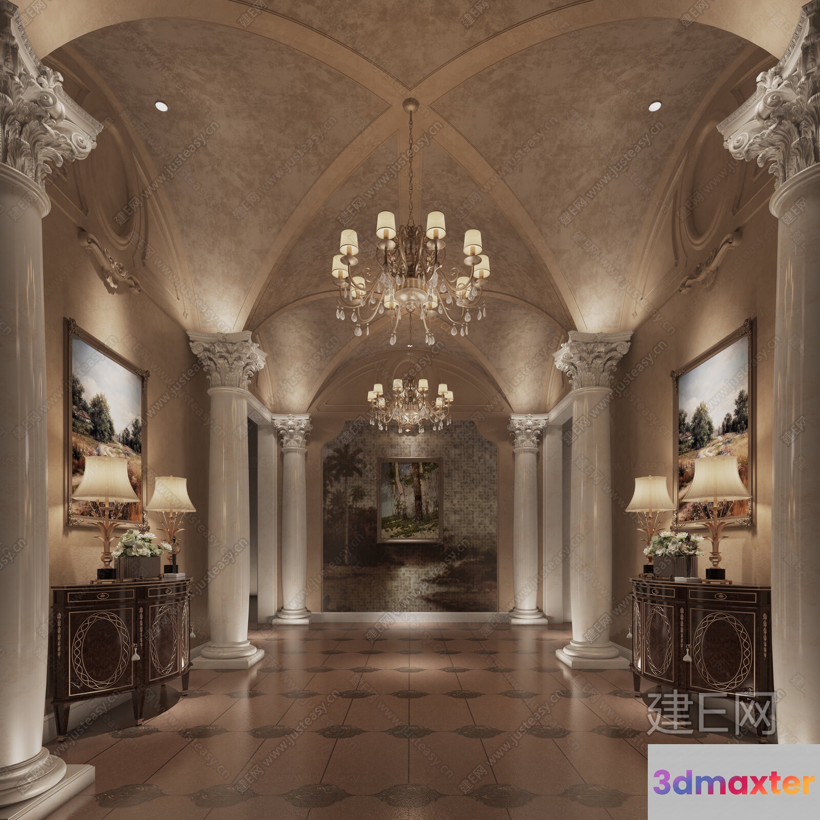 Classic Hallway With Columns 3D Model - 17118 - VRAY Render