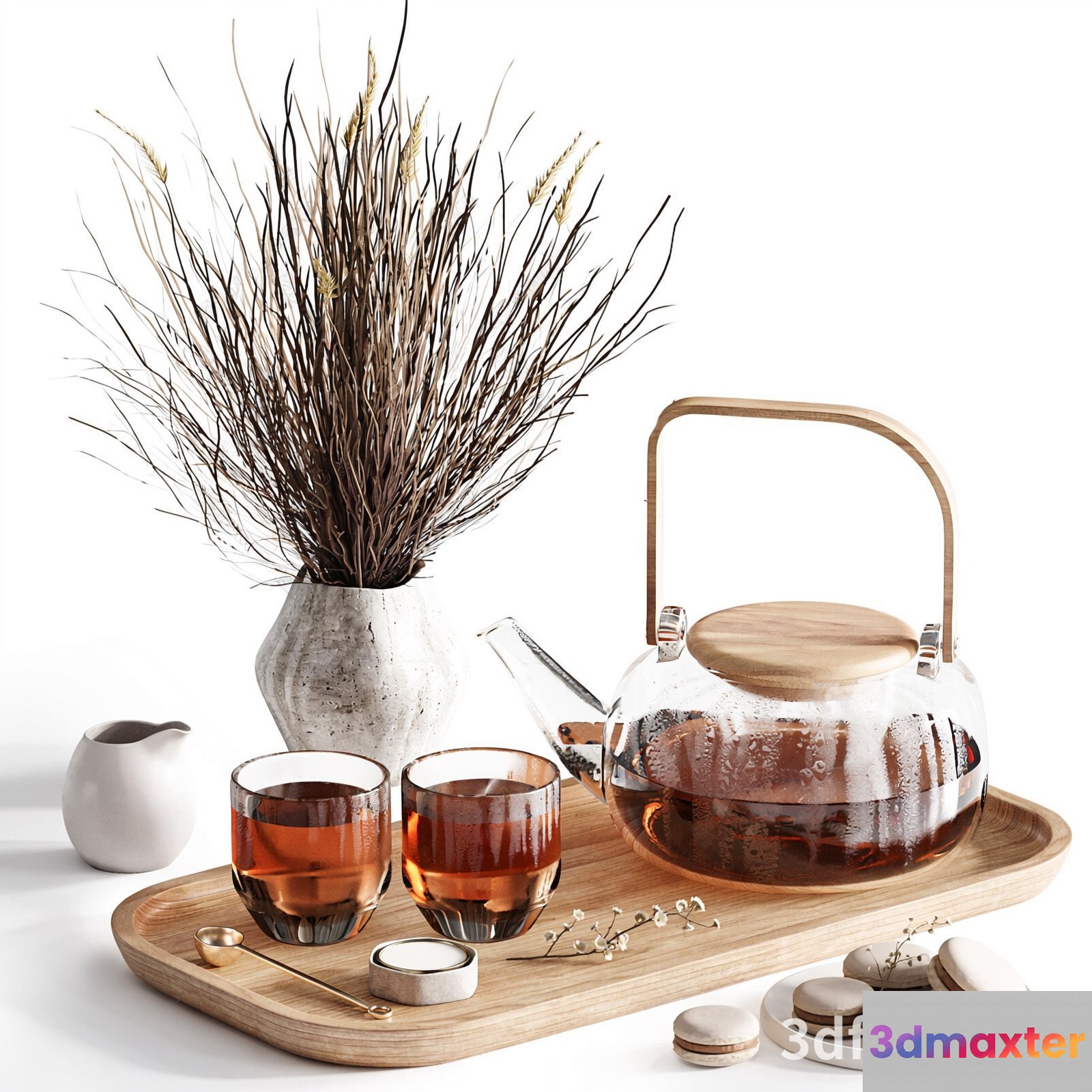 A Wooden Tray With A Teapot And Two Cups 3D Model - 19001 - VRAY Render