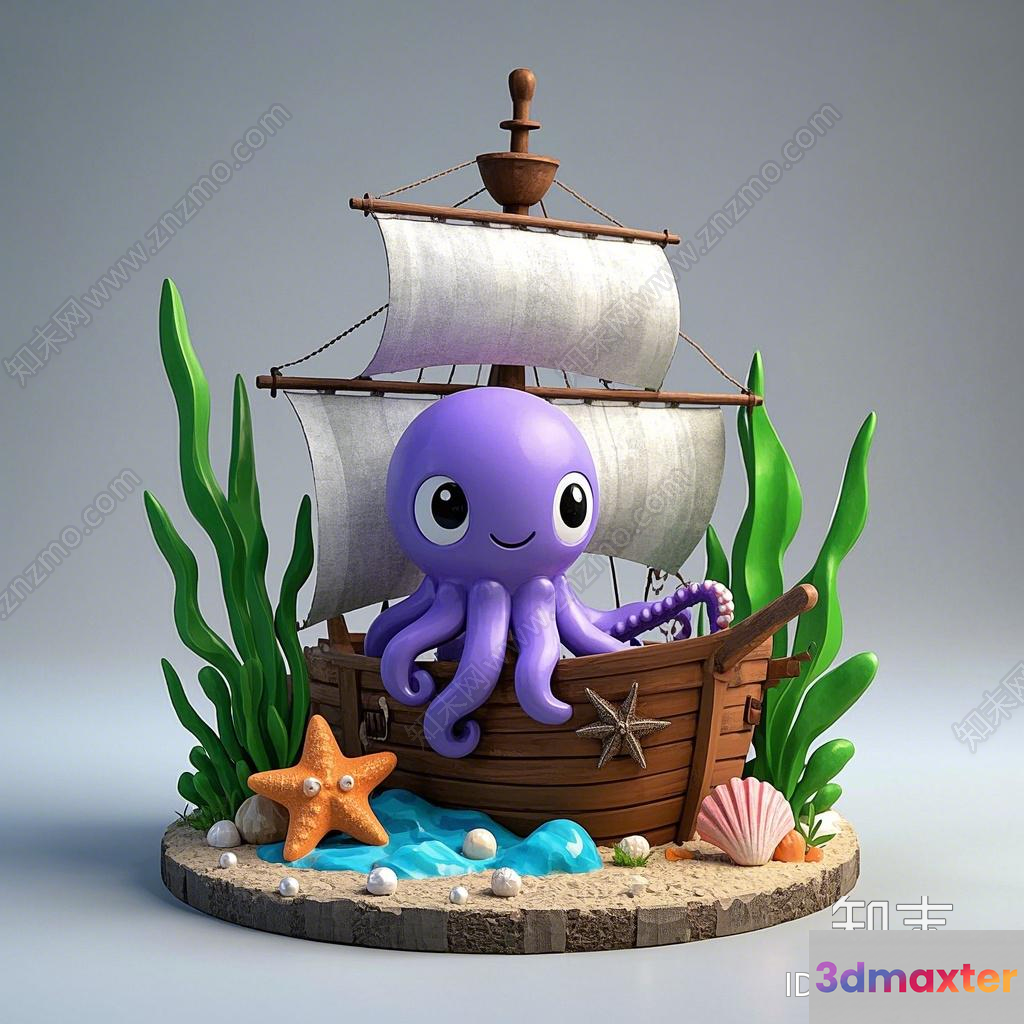 A Cartoon Octopus In A Boat 3D Model - 14647 - VRAY Render