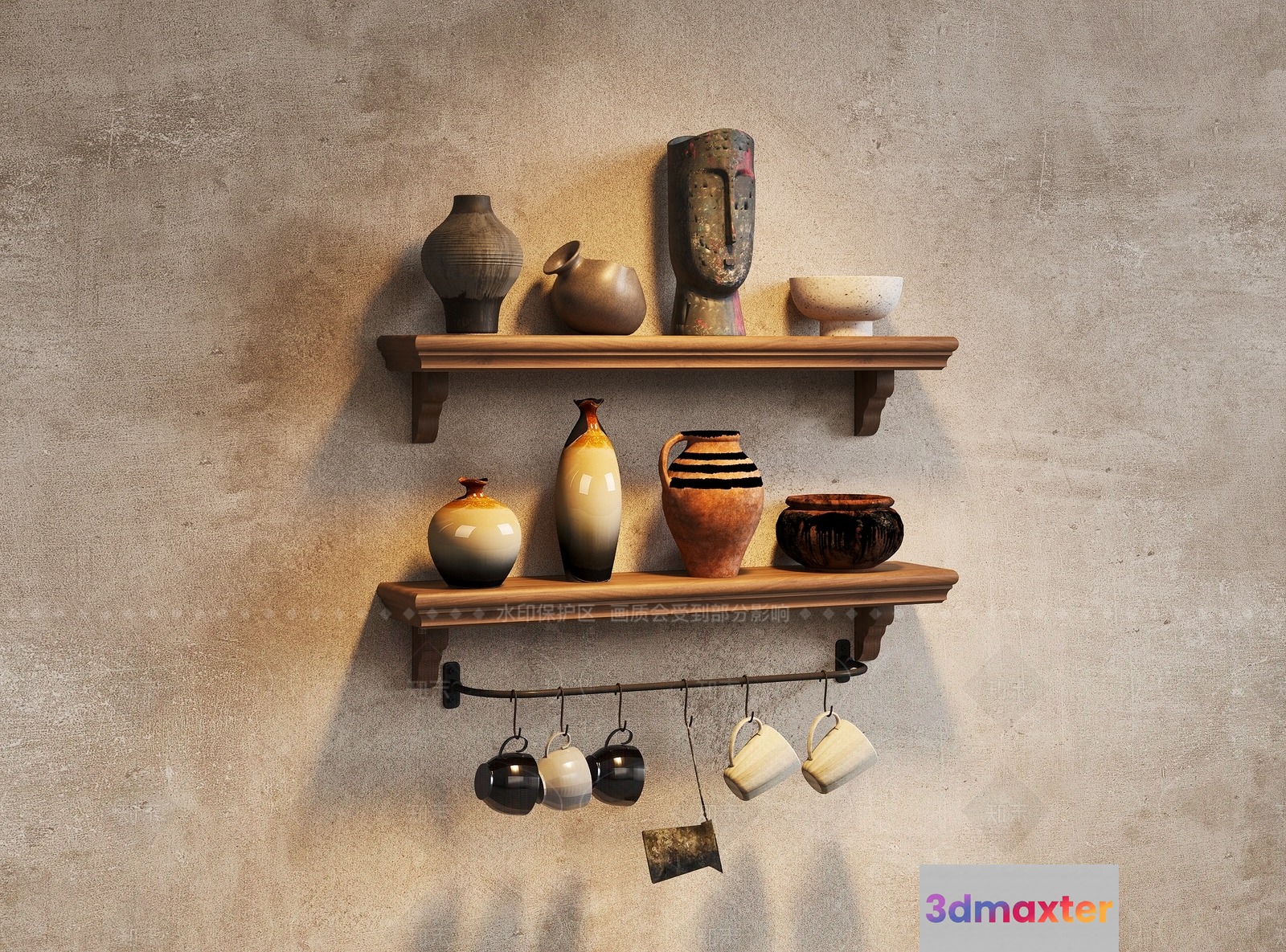 Wooden Shelf With Decorative Items 3D Model - 9989 - VRAY Render