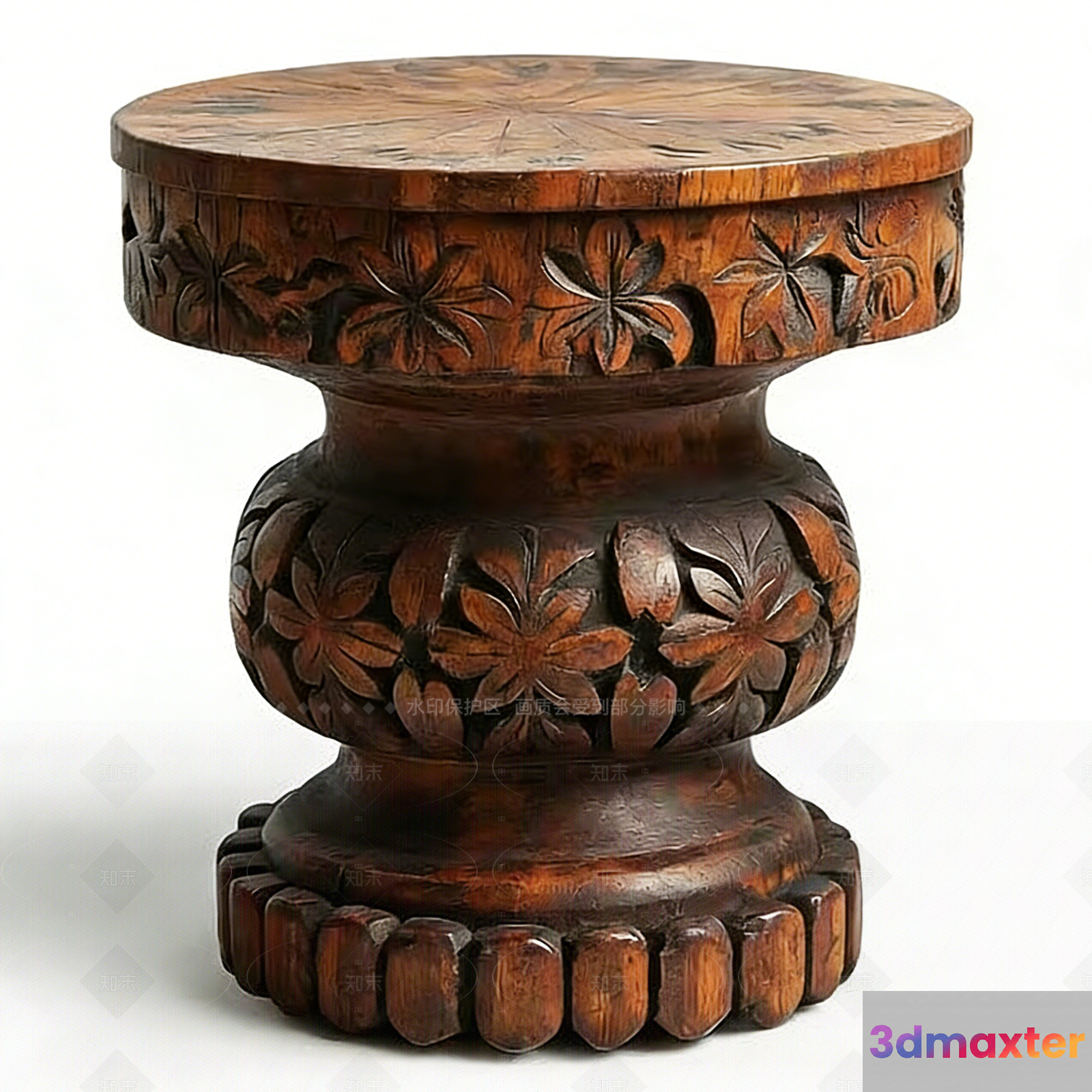 A Wooden Stool With A Floral Design 3D Model - 16628 - VRAY Render