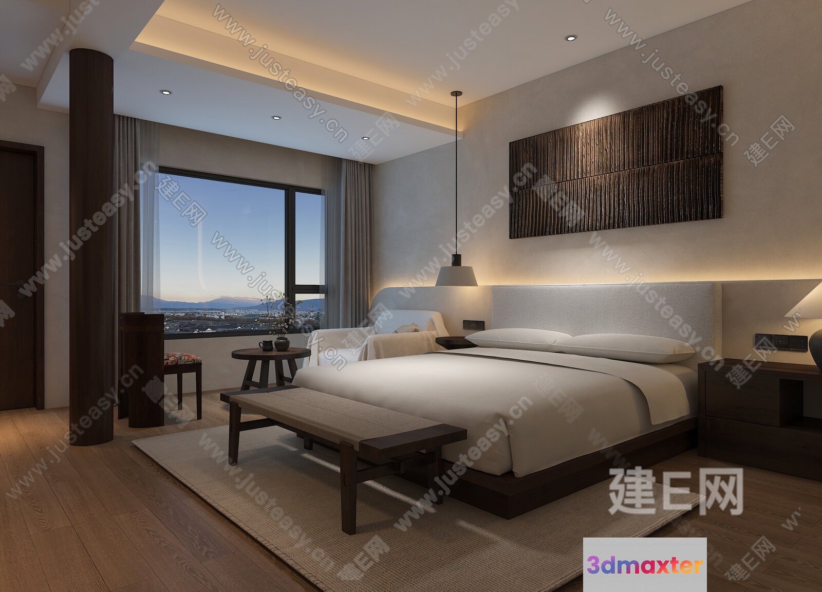 Modern Bedroom With A Large Window 3D Model - 10833 - VRAY Render