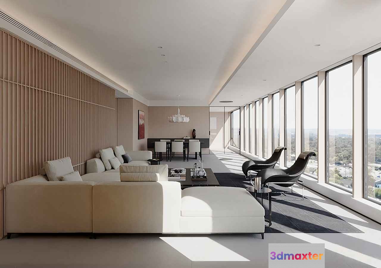Modern Minimalist Living Room 3D Model - 17349 - VRAY Render
