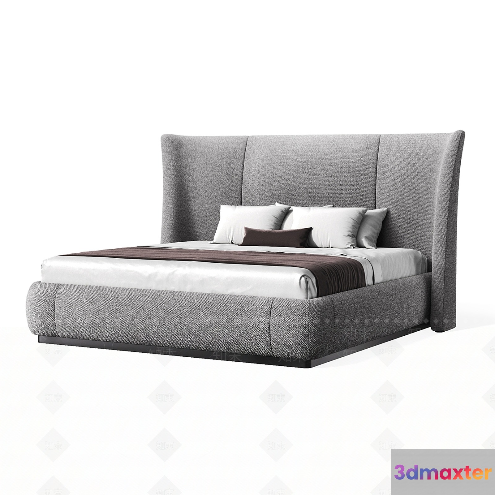 Gray Upholstered Bed 3D Model - 16388 - VRAY Render