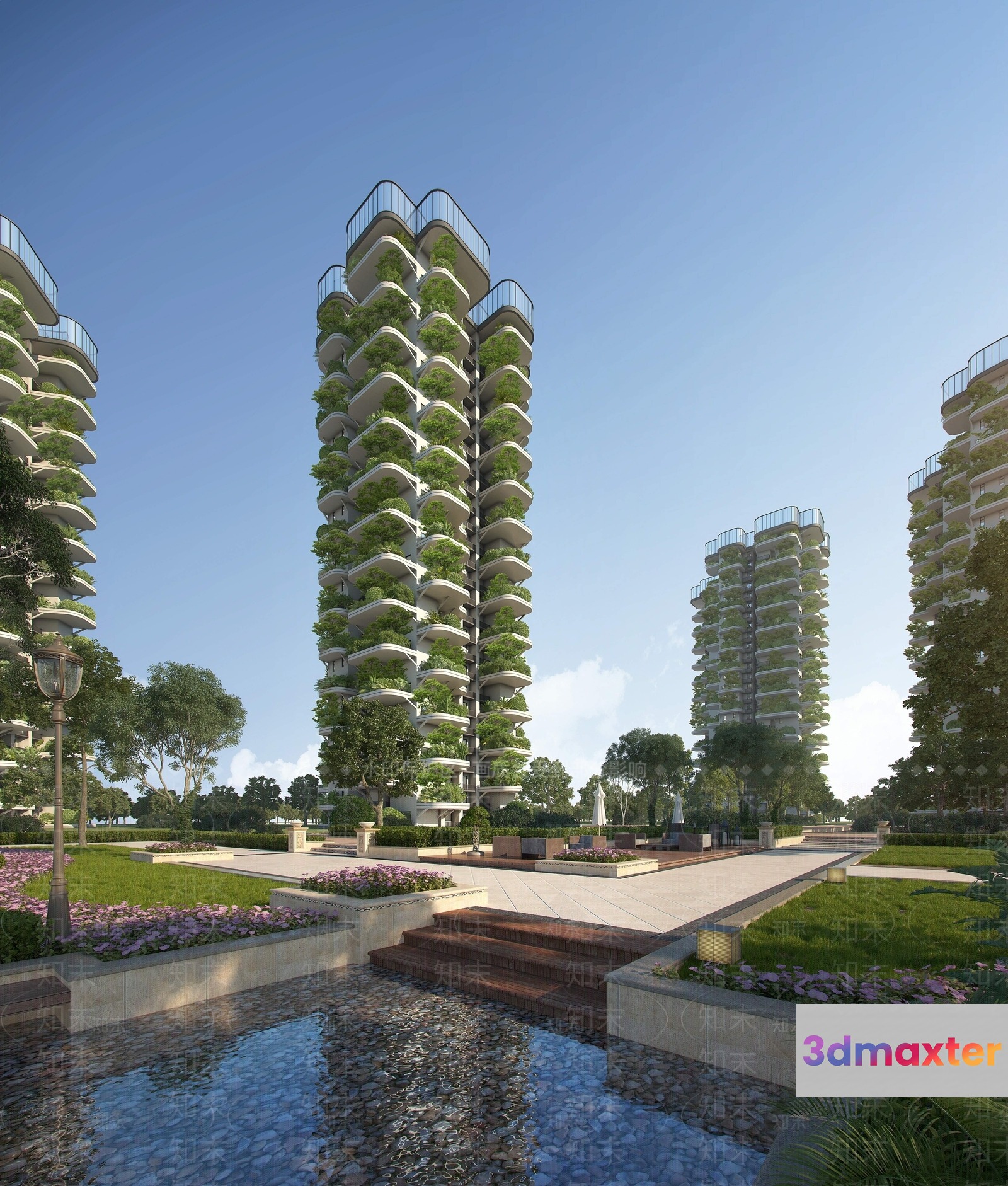 The Main Subject Is A Tall Green Building With Balconies 3D Model - 3517 - VRAY Render