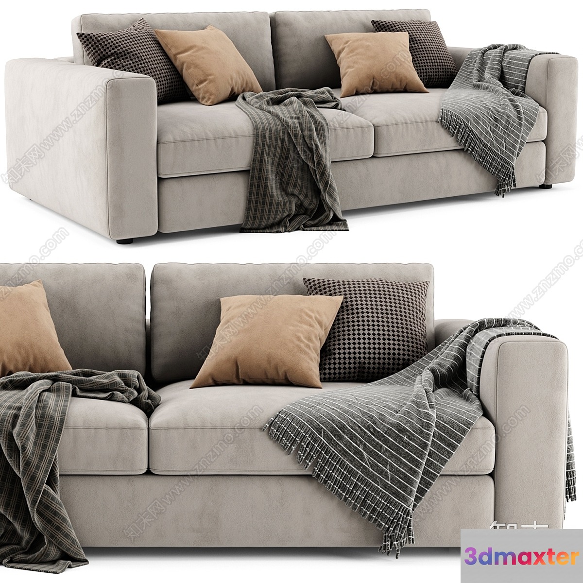 A Beige Couch With Throw Pillows 3D Model - 360 - VRAY Render