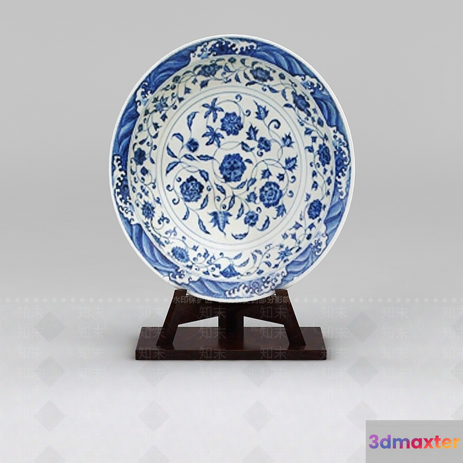 A Decorative Plate With Blue Floral Designs 3D Model - 18264 - VRAY Render