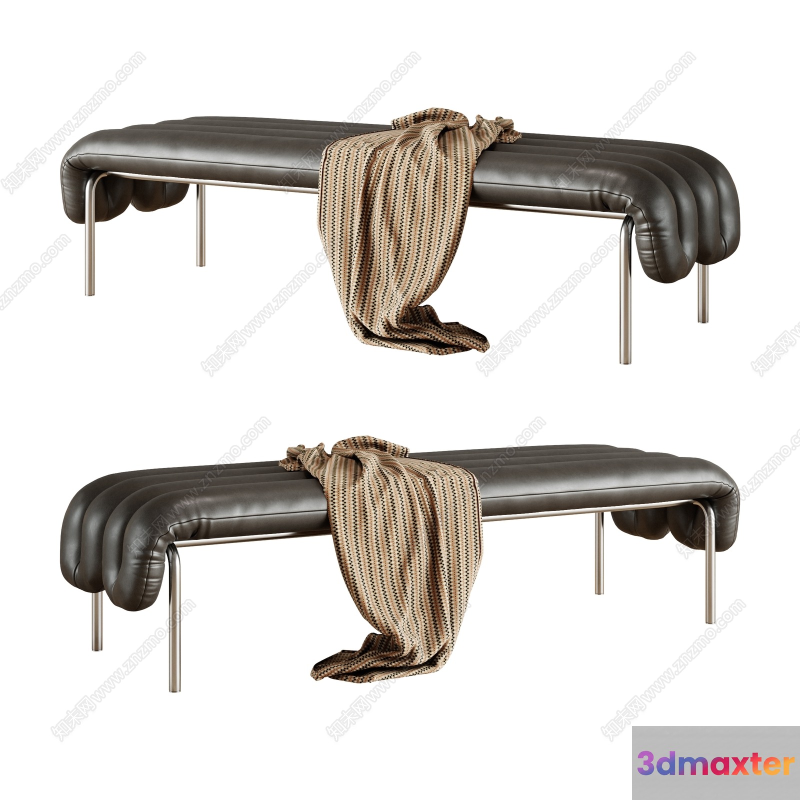 A Modern Bench With A Striped Blanket 3D Model - 12607 - CORONA Render