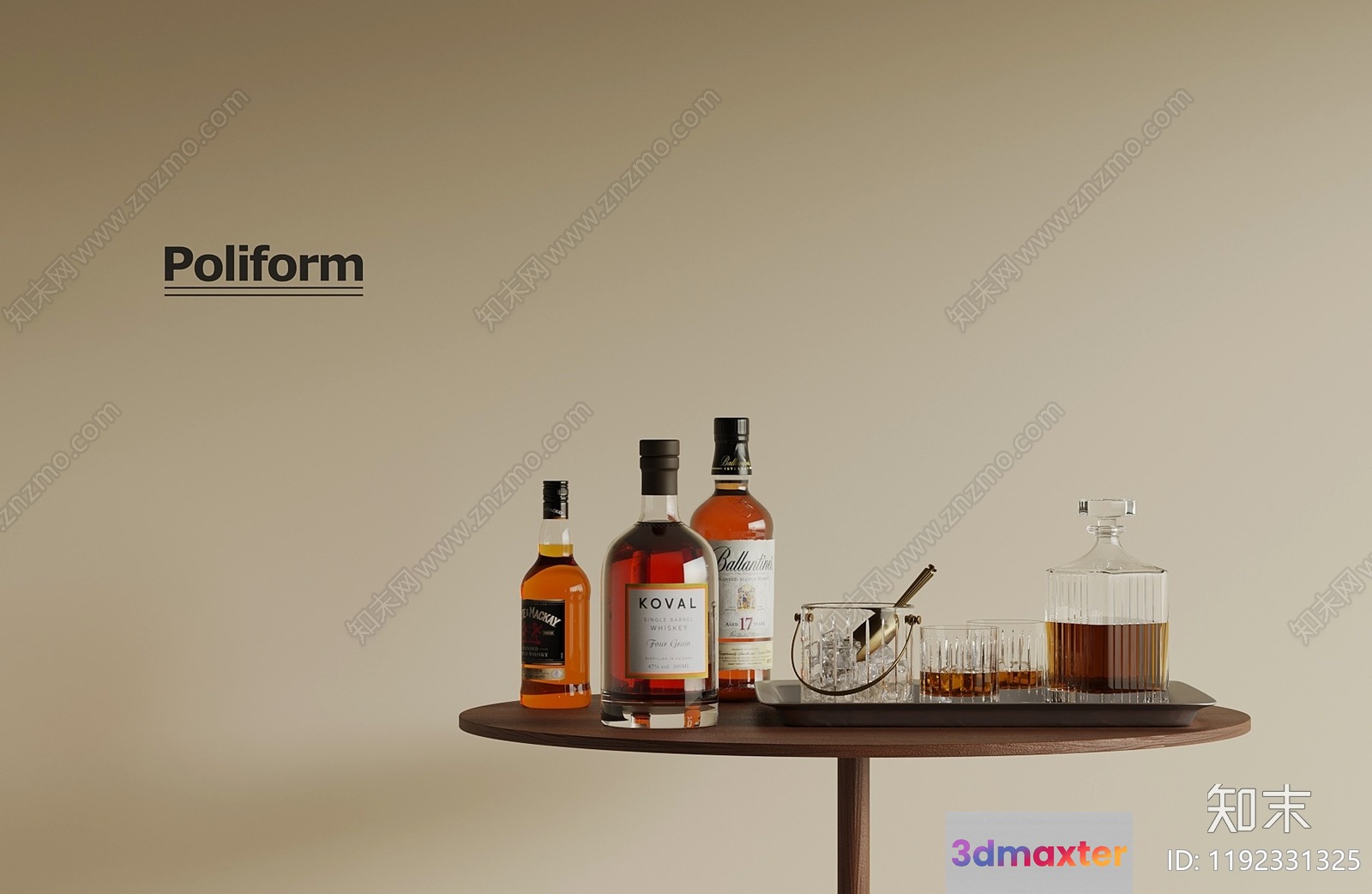 A Table With Bottles And Glasses On It 3D Model - 2945 - VRAY Render