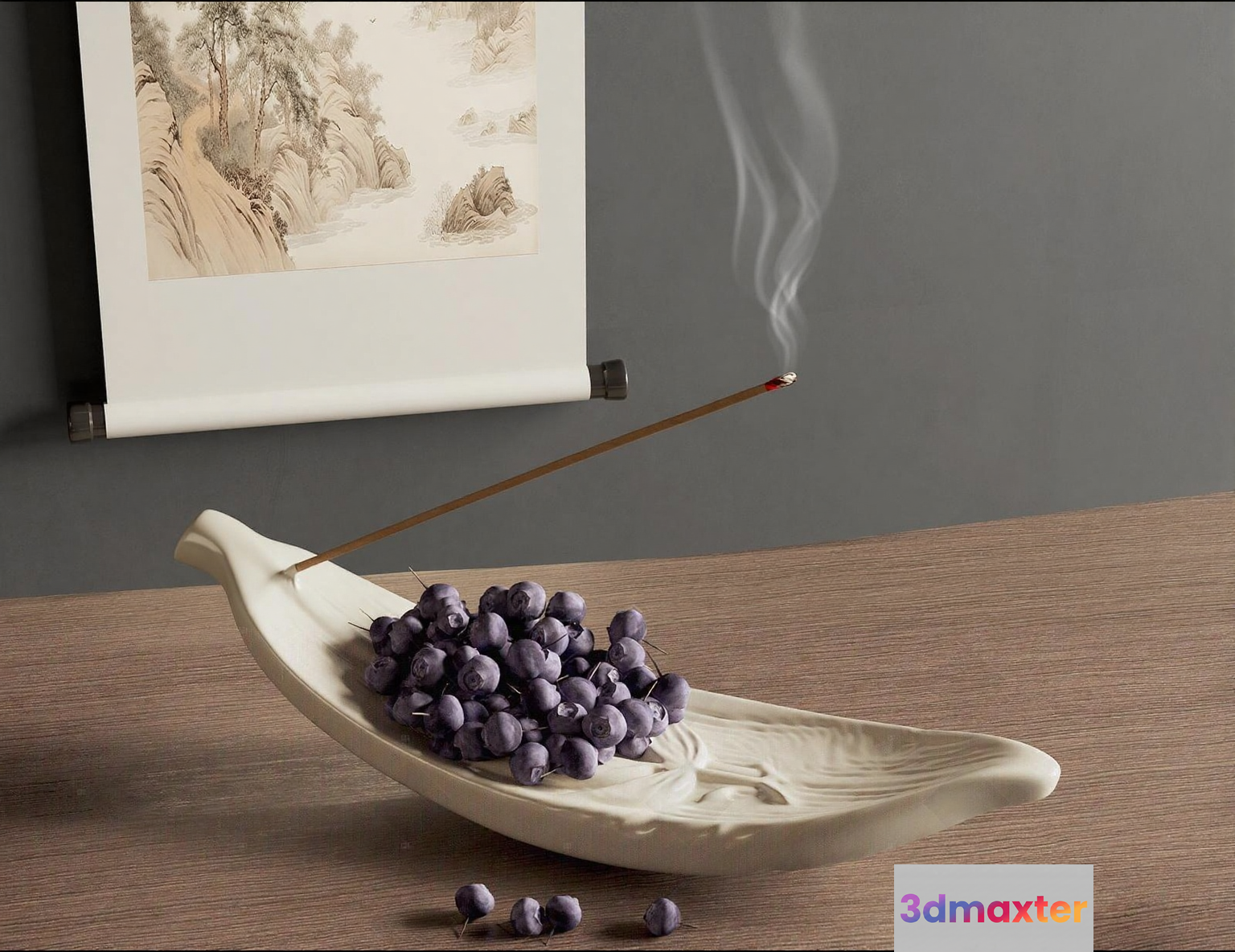 A Ceramic Bowl With Incense Sticks 3D Model - 17195 - VRAY Render
