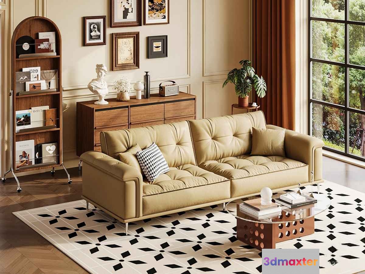Cream-Colored Leather Couch 3D Model - 3991 - VRAY Render