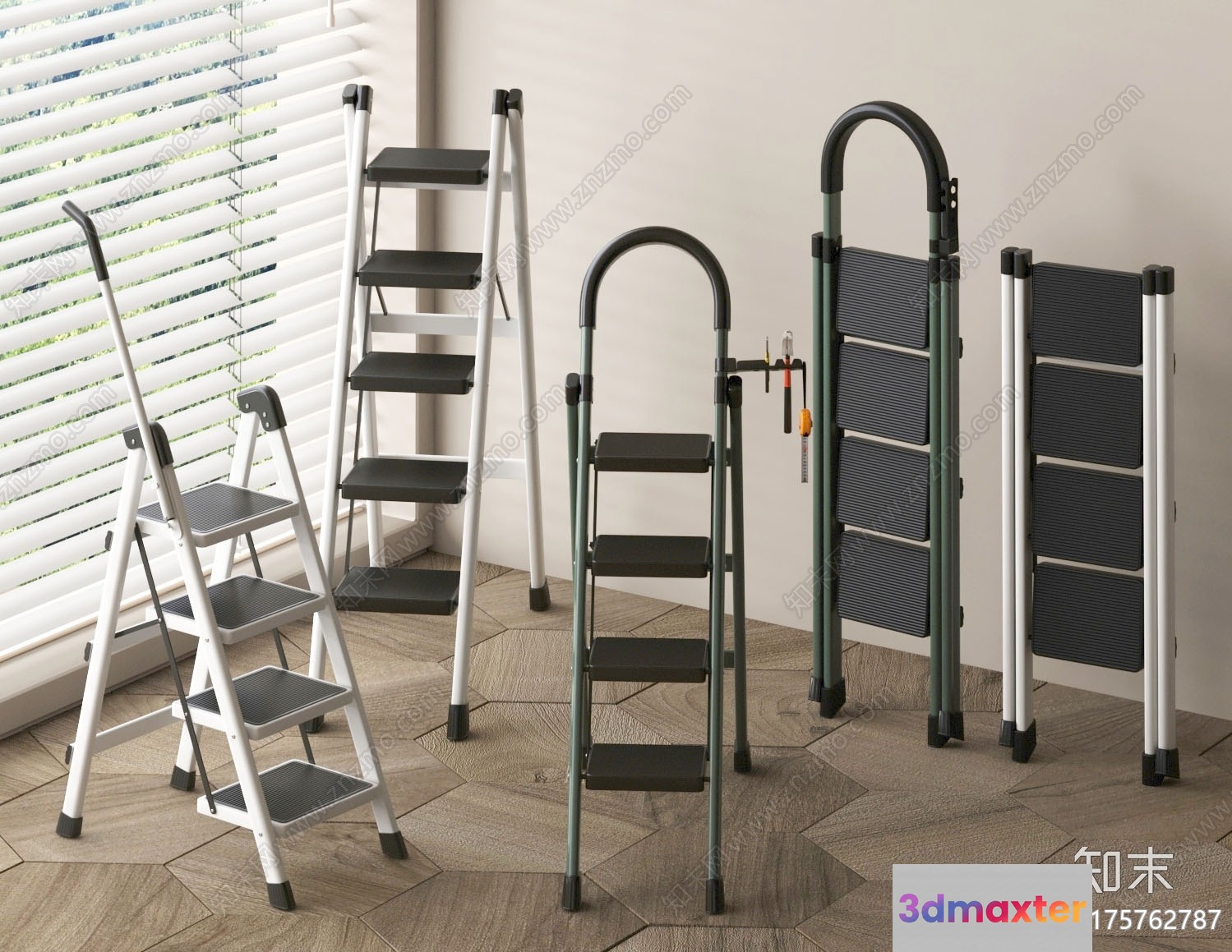 The Main Subject Is A Set Of Ladders Characterized By Their Metal Construction 3D Model - 16233 - VRAY Render