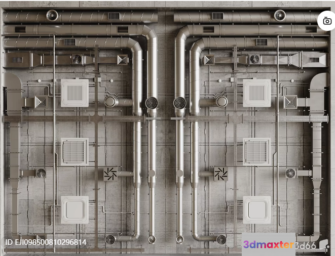 A 3D Rendering Of A Building'S Mechanical Room Featuring Various Pipes 3D Model - 12029 - CORONA Render