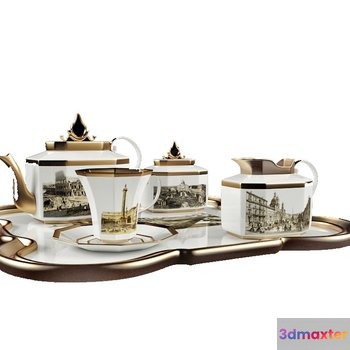 A Gold And White Tea Set 3D Model - 9809 - VRAY Render