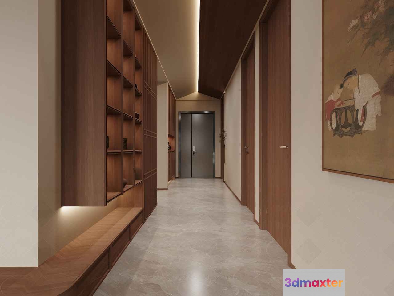 A Hallway With A Bench 3D Model - 7239 - VRAY Render
