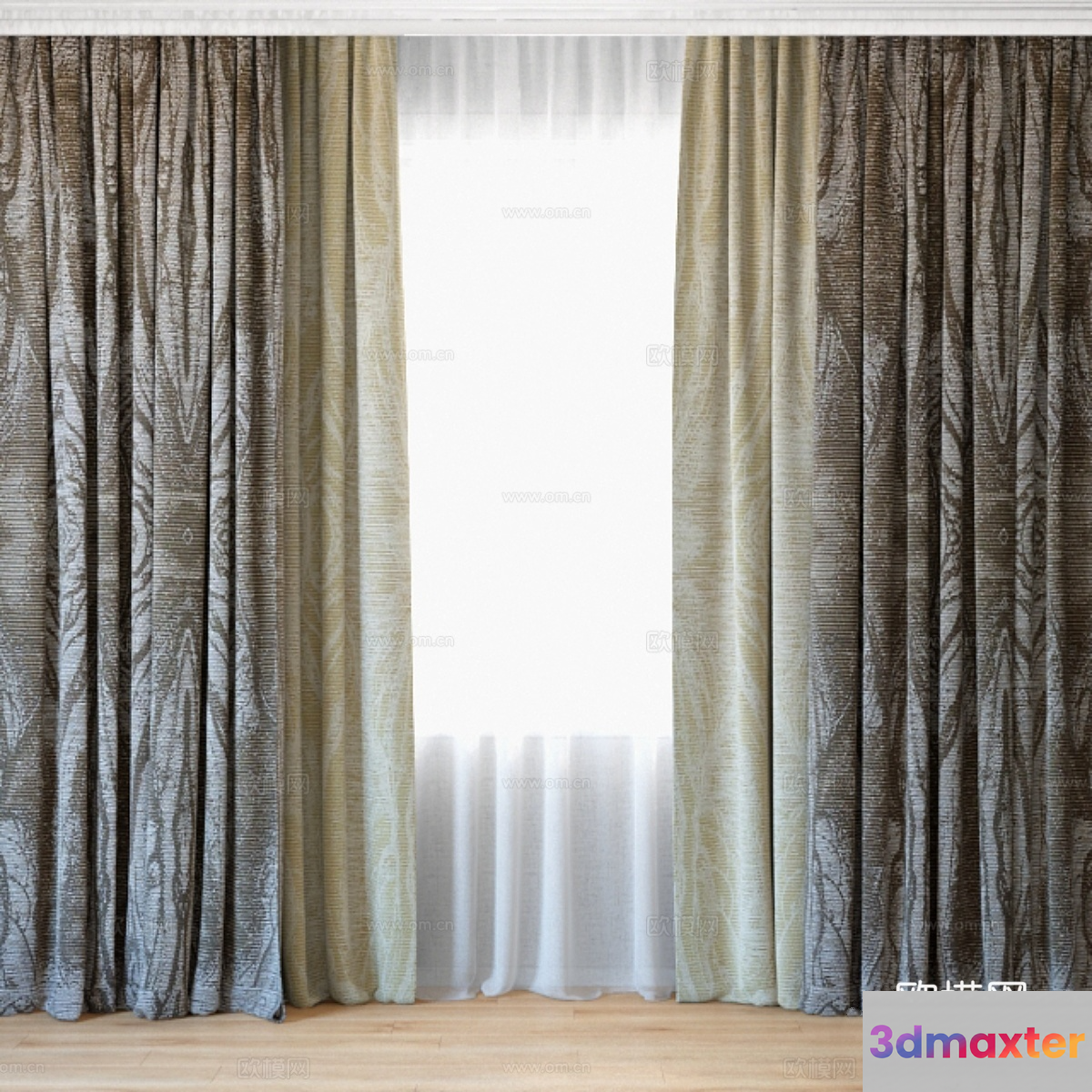 Gray Patterned Curtains 3D Model - 16366 - VRAY Render
