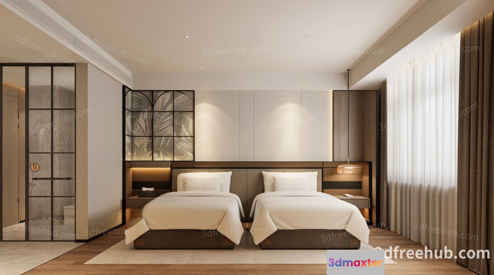 A Hotel Room With Two Beds 3D Model - 23258 - VRAY Render
