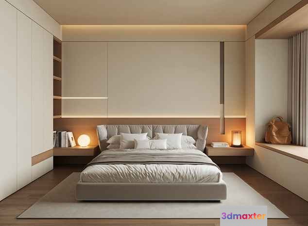 Modern Minimalist Bedroom 3D Model - 3401 - VRAY Render
