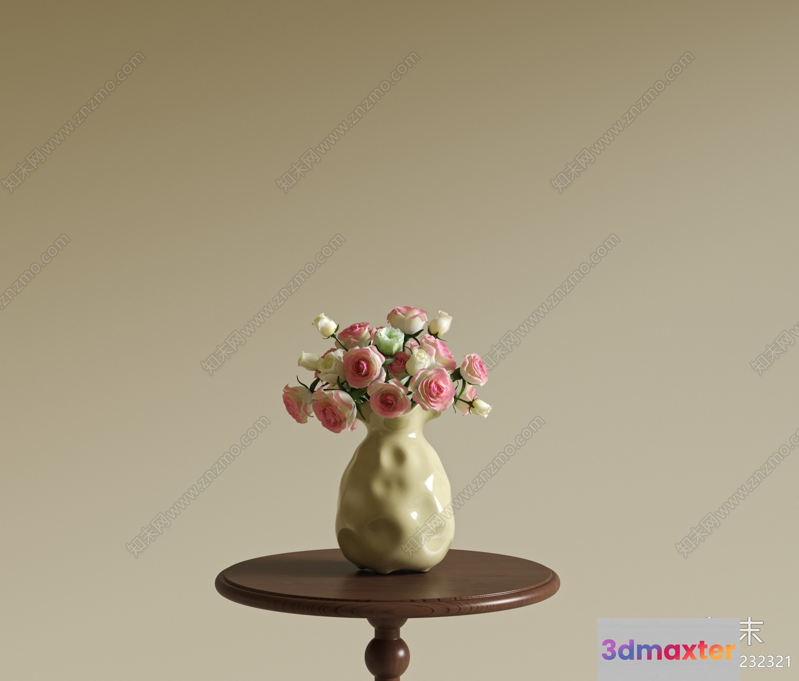 White Ceramic Vase With Pink And White Flowers 3D Model - 13205 - VRAY Render