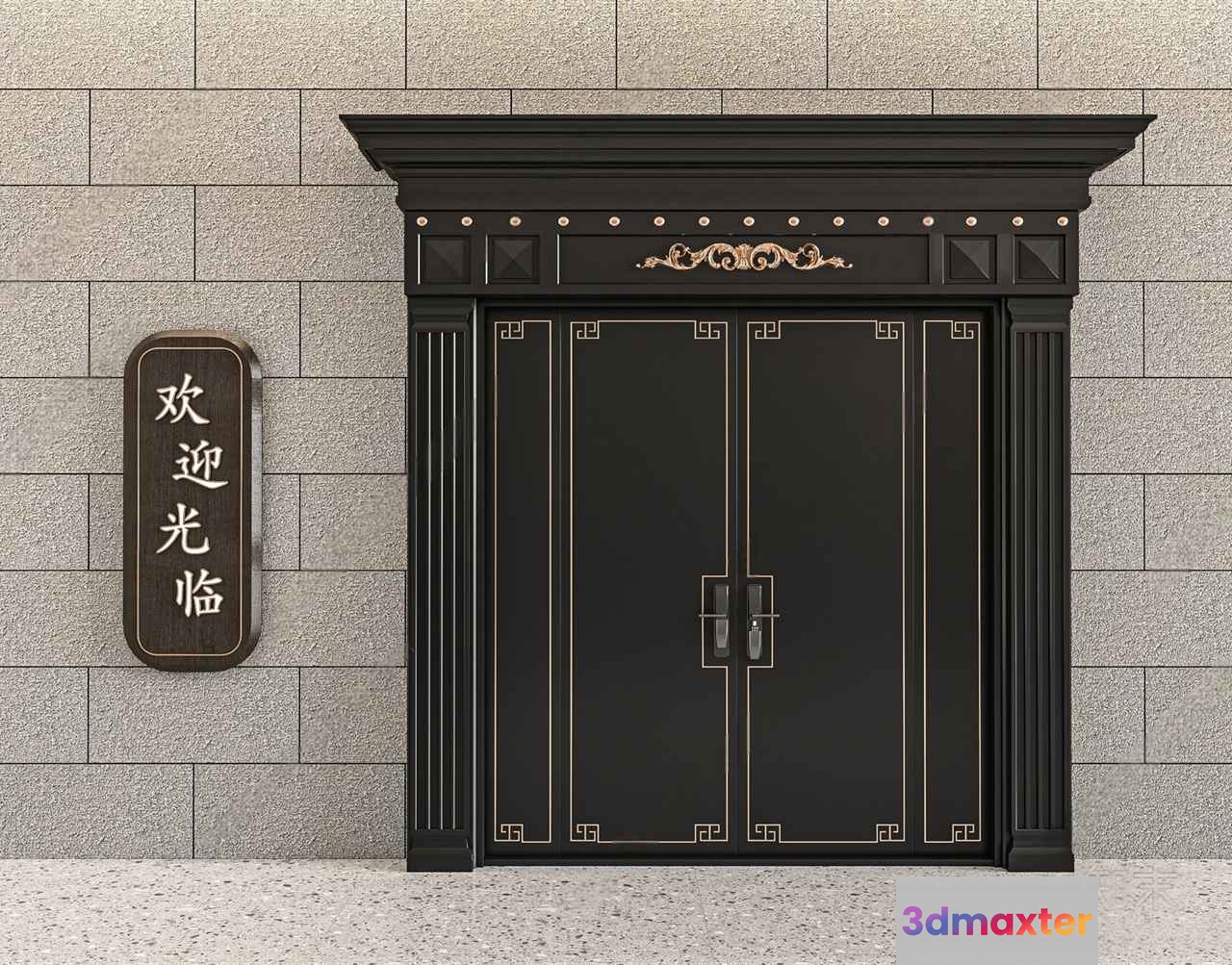 A Black Door With Gold Accents 3D Model - 17325 - VRAY Render