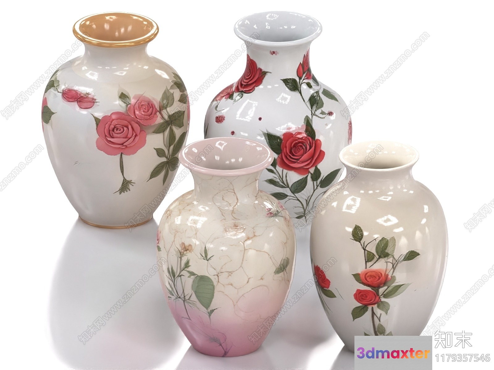 Four Vases With Floral Designs 3D Model - 13938 - VRAY Render