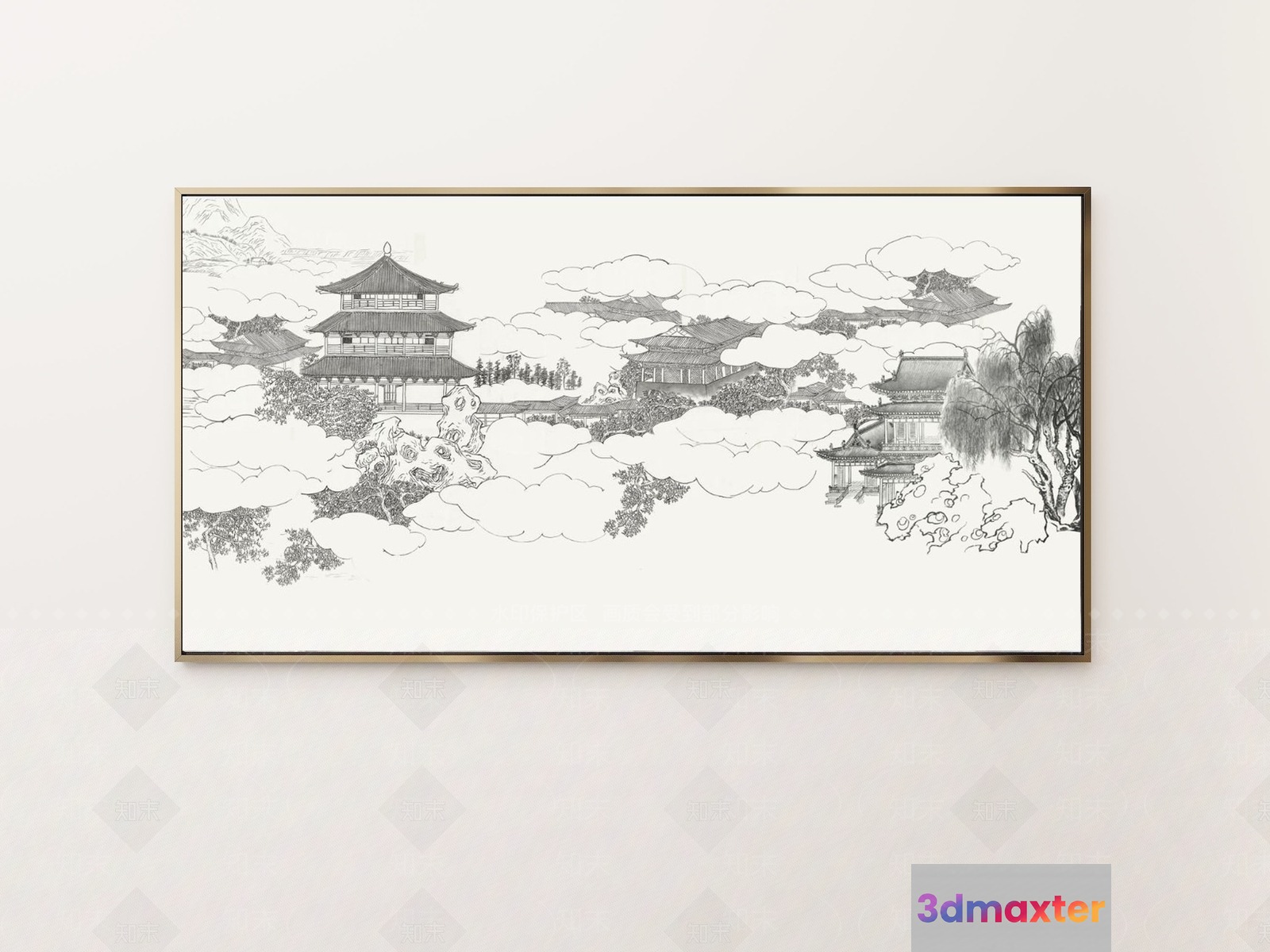 A Framed Picture Of A Chinese Landscape 3D Model - 15538 - VRAY Render