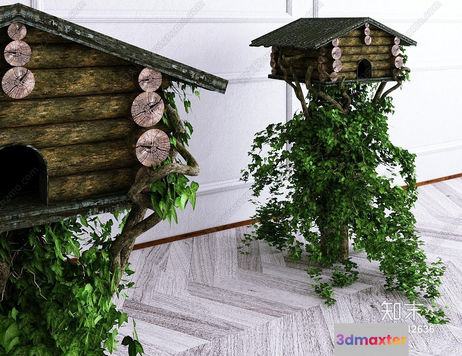 Wooden Birdhouses With Green Vines 3D Model - 11298 - VRAY Render