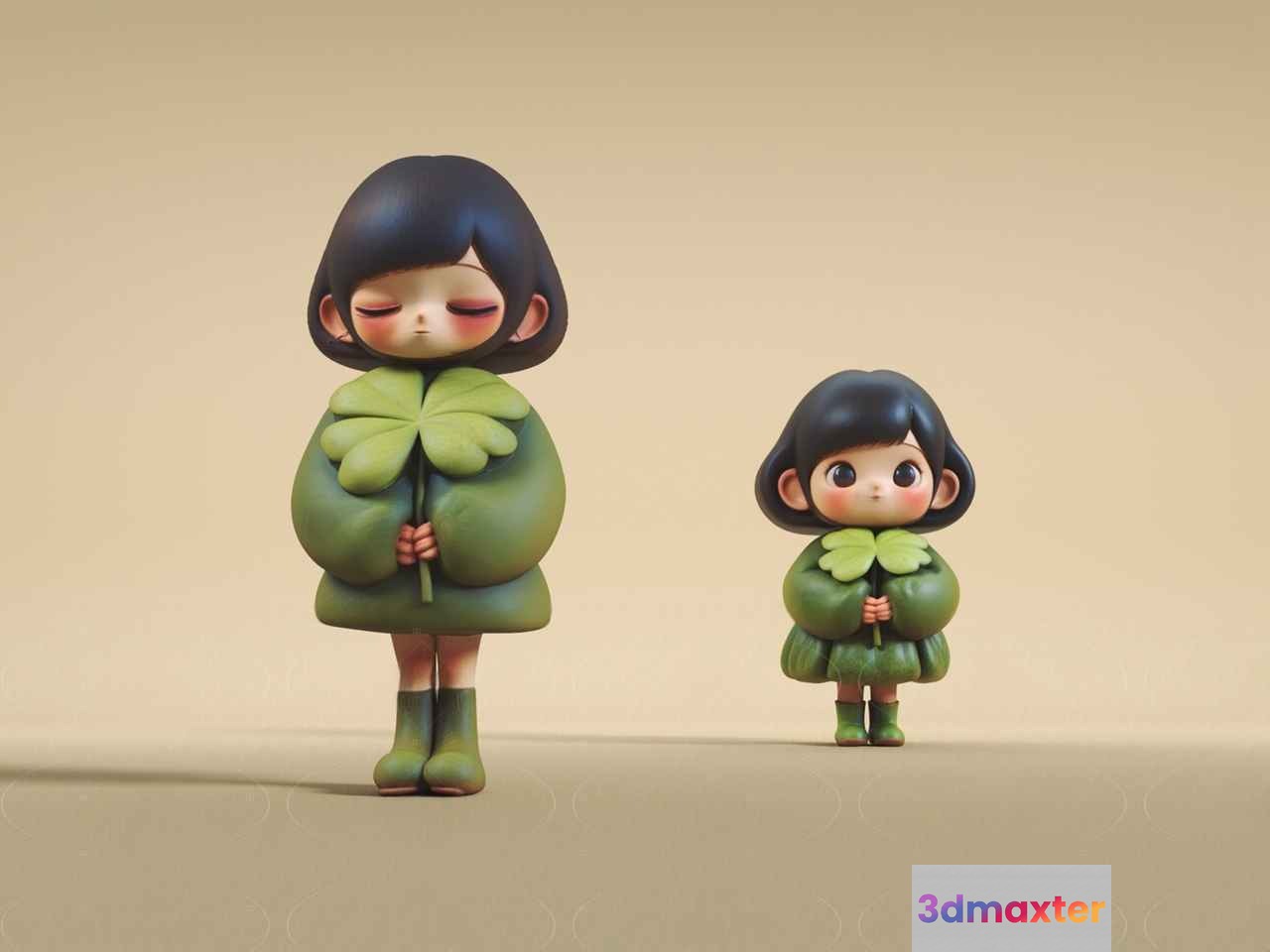 Two Cartoon Girls In Green Outfits 3D Model - 9360 - VRAY Render