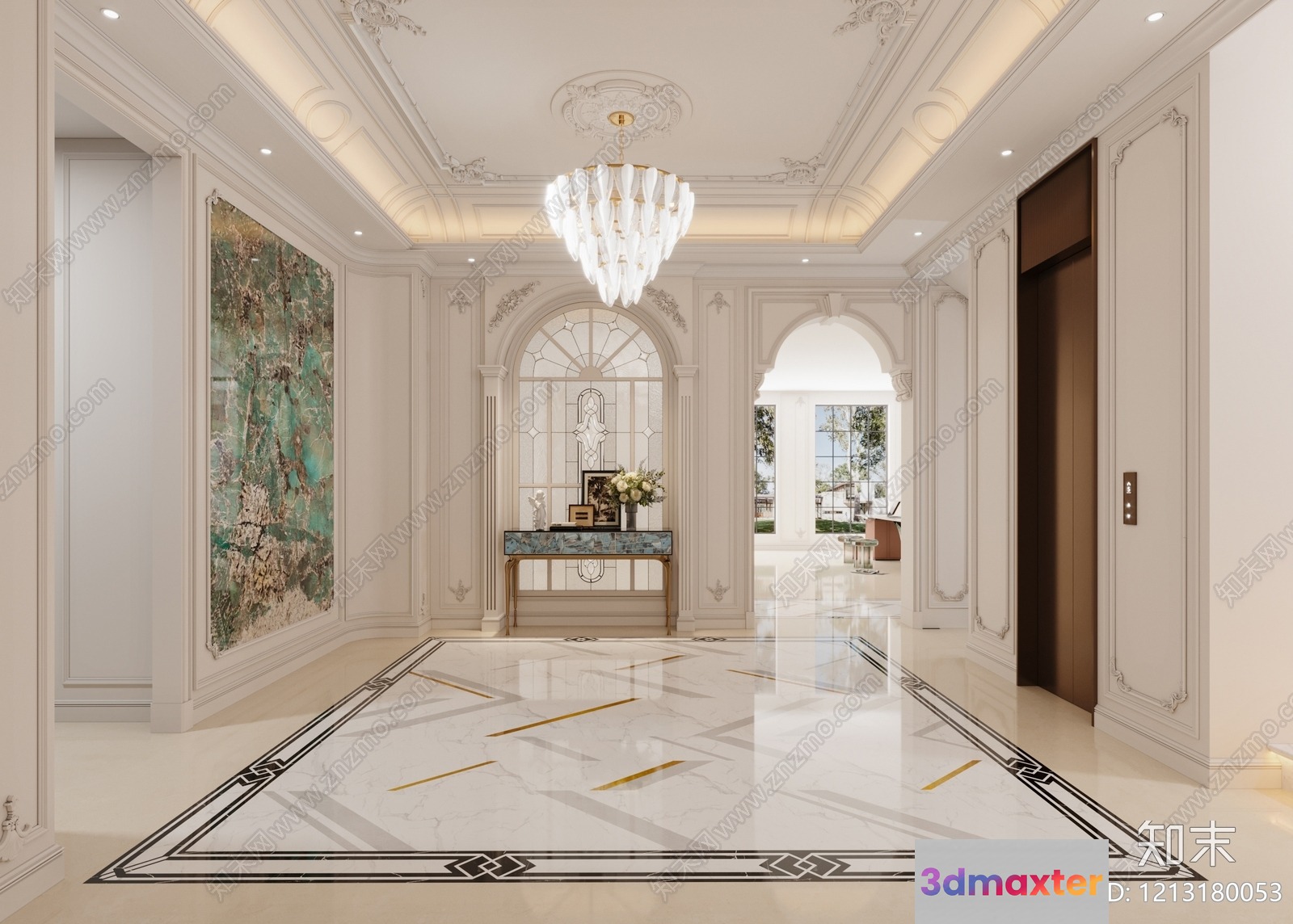 A Luxurious Hallway With White And Gold Decor 3D Model - 5516 - VRAY Render
