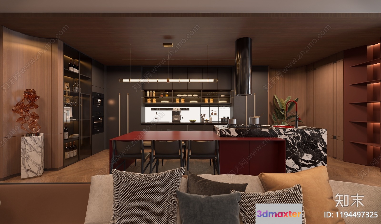 Modern Kitchen With A Dining Area 3D Model - 15902 - VRAY Render