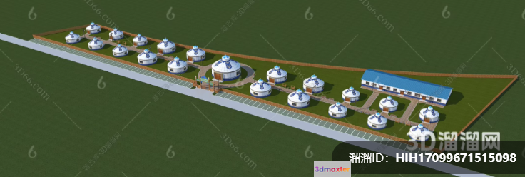 A 3D Rendering Of A White Building Complex With A Blue Roof 3D Model - 1507 - VRAY Render
