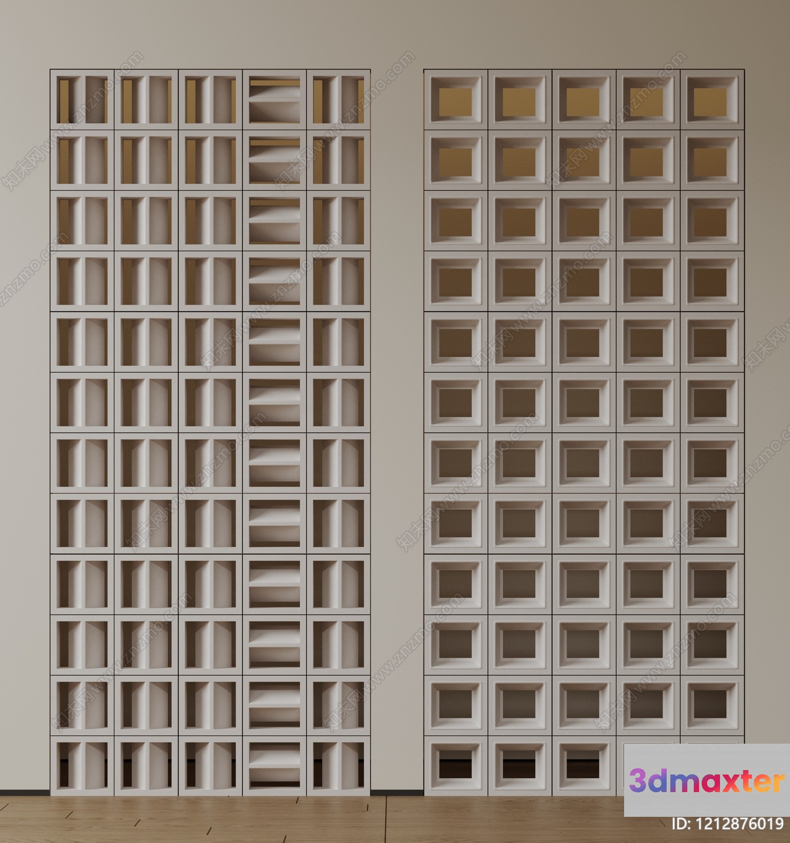 A Tall White Shelving Unit With Square Compartments 3D Model - 3005 - VRAY Render