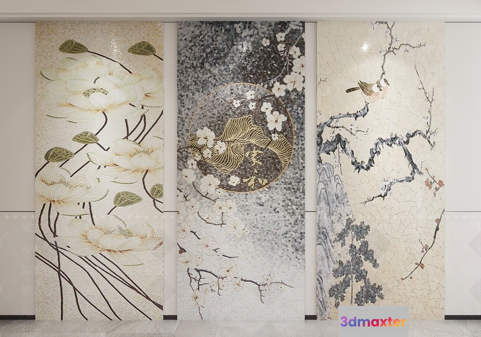 Three Large Asian-Style Panels 3D Model - 20120 - VRAY Render