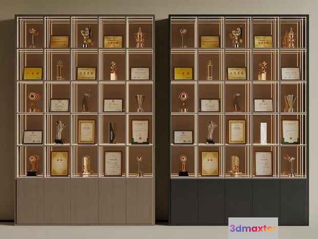 Two Tall Narrow Dark Gray Cabinets With Multiple Shelves Each Containing Various 3D Model - 17342 - VRAY Render