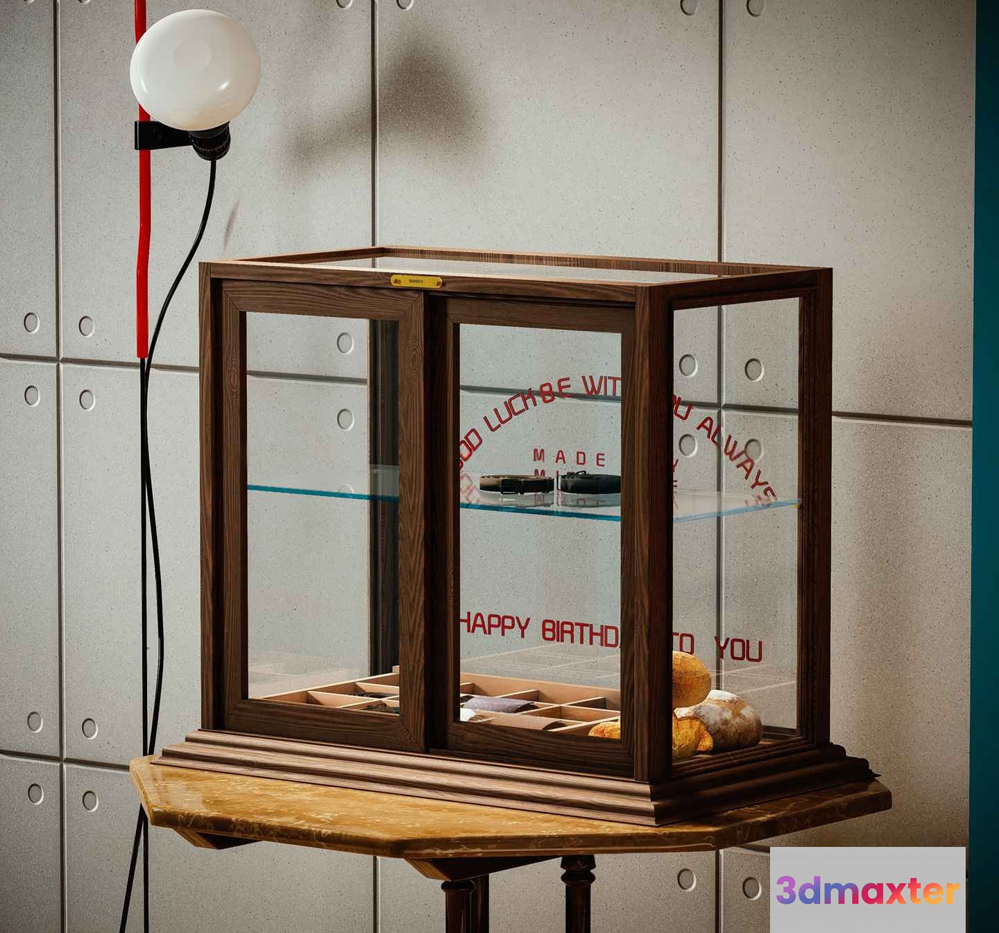 A Wooden Display Case With Glass Doors 3D Model - 14384 - VRAY Render
