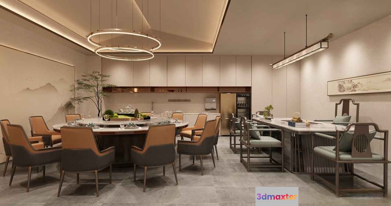A Modern Dining Room With A Circular Table And Chairs 3D Model - 8391 - VRAY Render