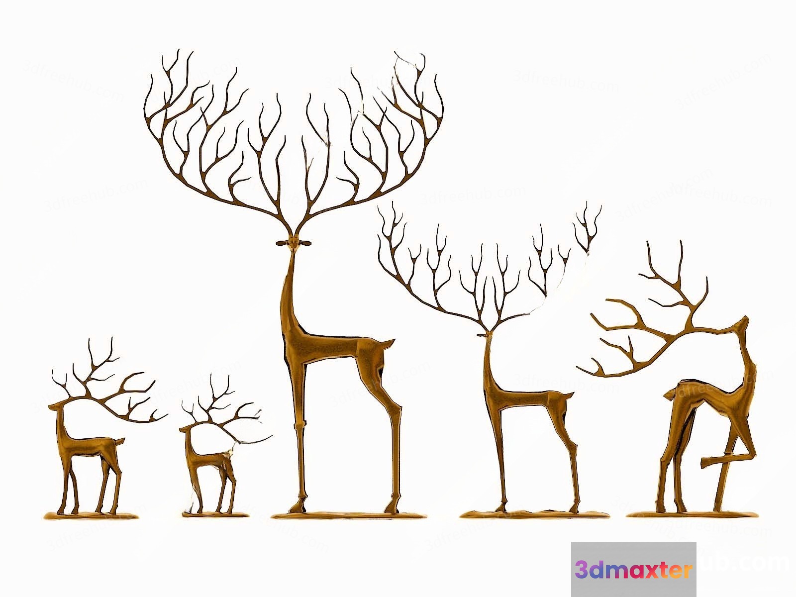 Gold Metal Deer Sculptures 3D Model - 17392 - VRAY Render