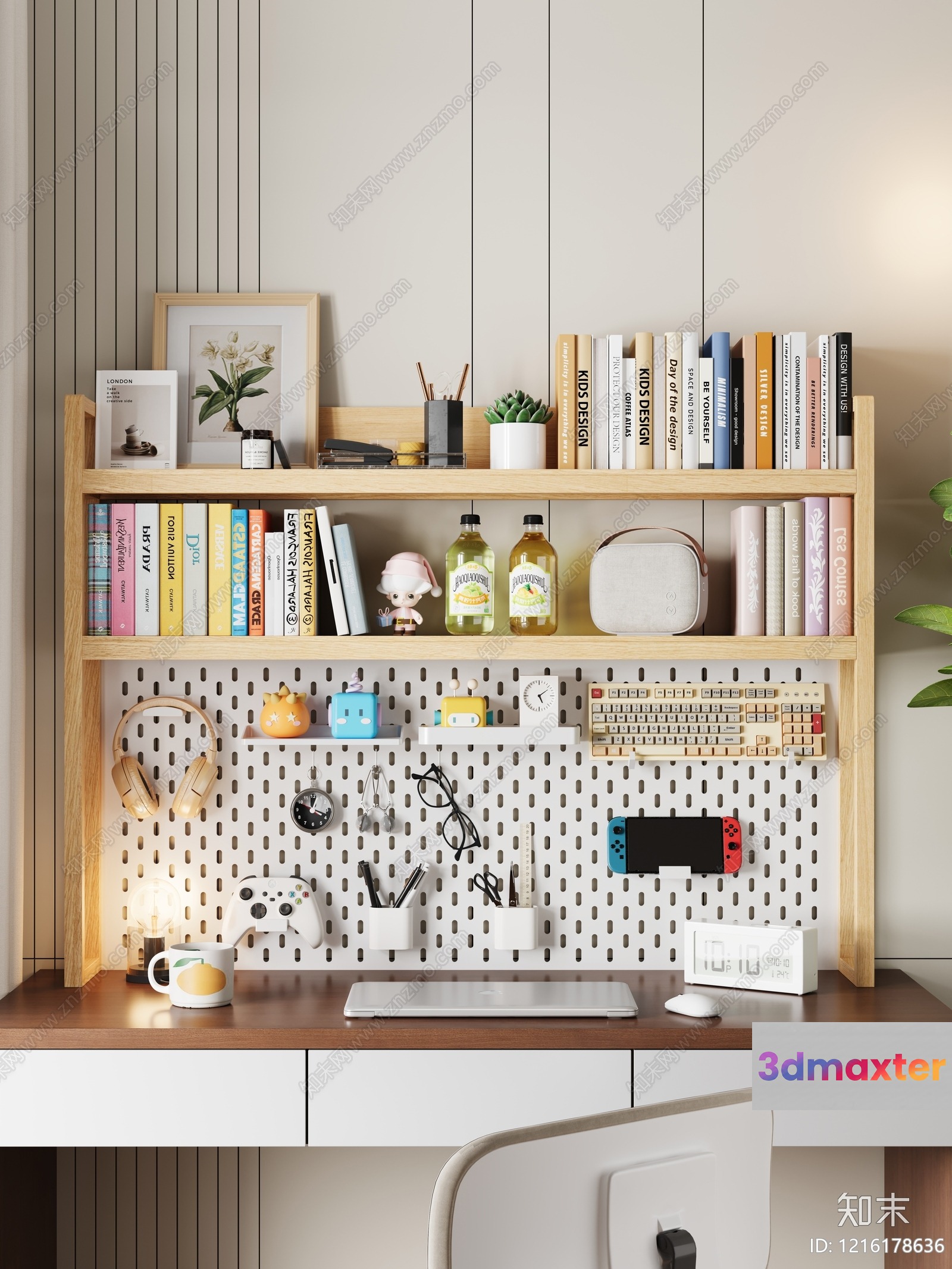 A Home Office With A Wooden Desk And Shelves 3D Model - 15789 - VRAY Render