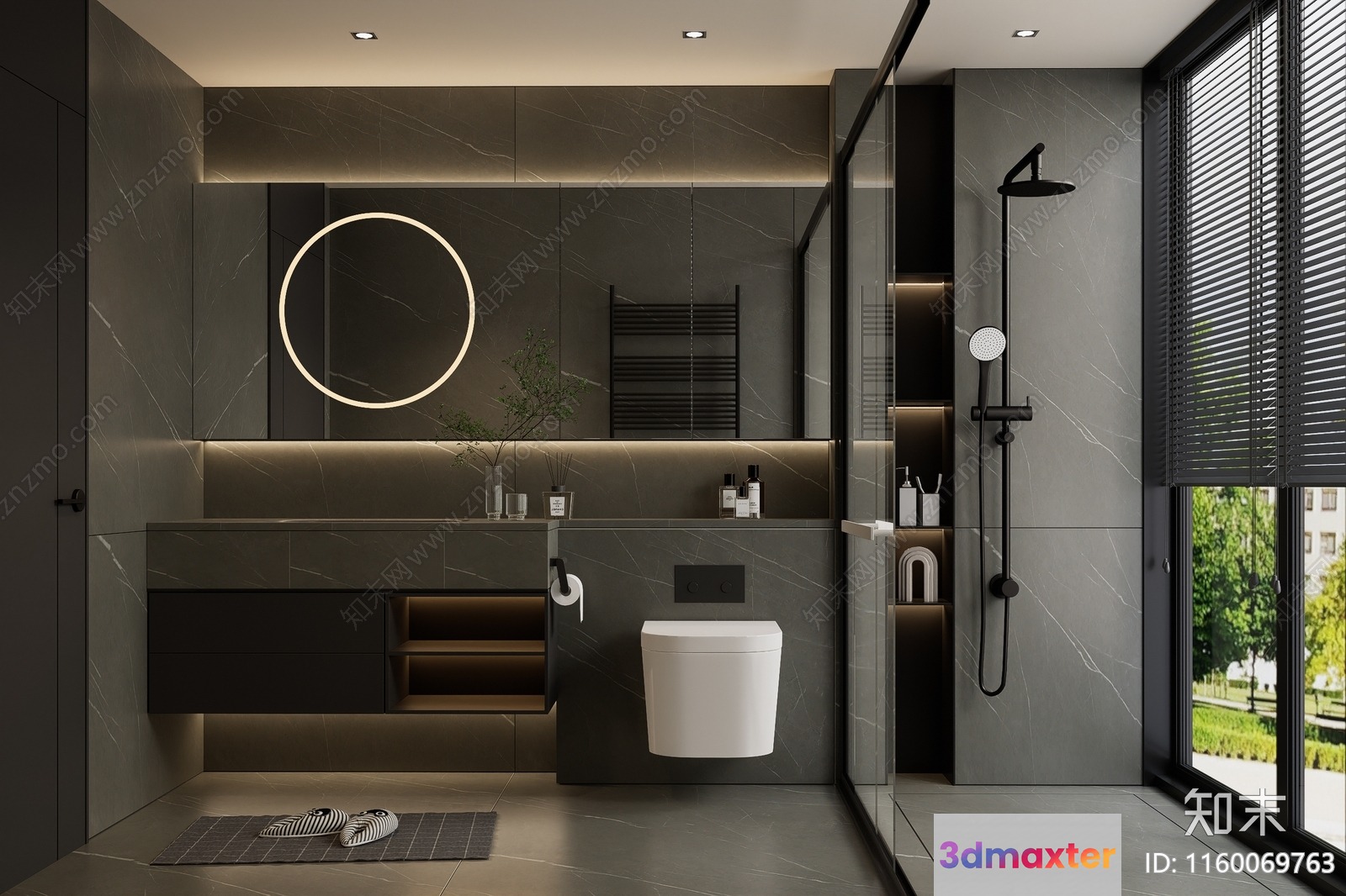 Modern Bathroom With Dark Grey Tiles And A White Toilet 3D Model - 7024 - VRAY Render