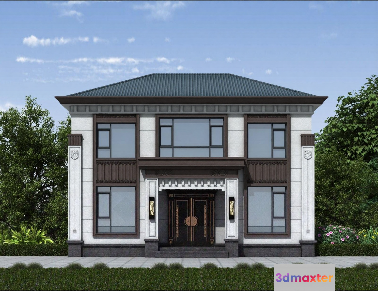 Two-Story House With A Green Roof 3D Model - 7146 - VRAY Render